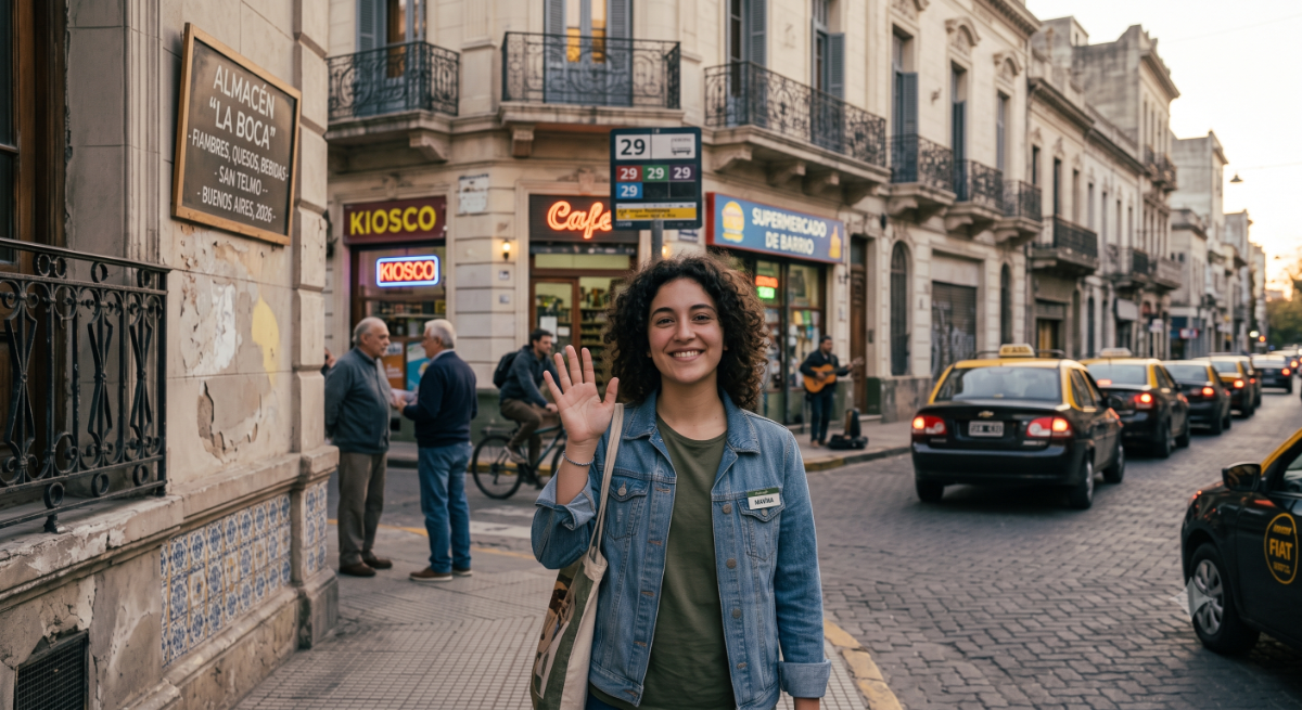 Comerciante saludando en una esquina de San Telmo